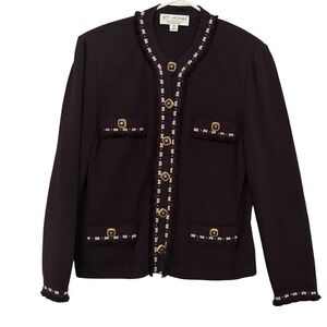 St John Collection Marie Gray Plum Purple Knit Fringe Button Jacket 10 career